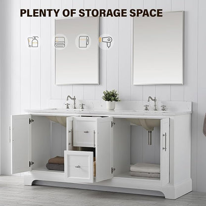 Vanity Art 72 Inch Bathroom Vanity with Double Sink, White | Solid Wood, Ceramic Sink, Marble Top, Waterproof Backsplash, Pre-assembled, Soft-close Doors, Ample Storage, Freestanding