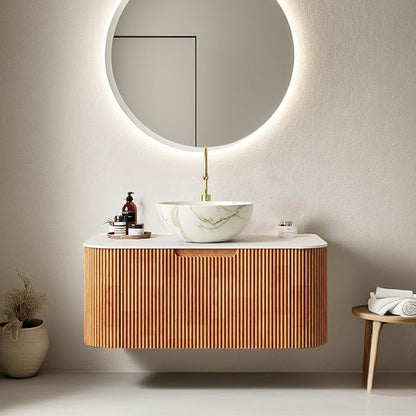 36" Bathroom Vanity with Sink, Floating Cabinet with Stone Pattern Bowl Ceramic Basin and Marble Countertop, Large Storage Drawer, Soft-Close Design, No Assembly Required, Nature Wood