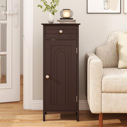 Giantex 34.5" Bathroom Cabinet with Drawer & Single Door (Brown) | Narrow Side Storage Organizer with 6 Shelf Positions, Freestanding Floor Storage Cabinet for Bathroom, Living Room, Entryway