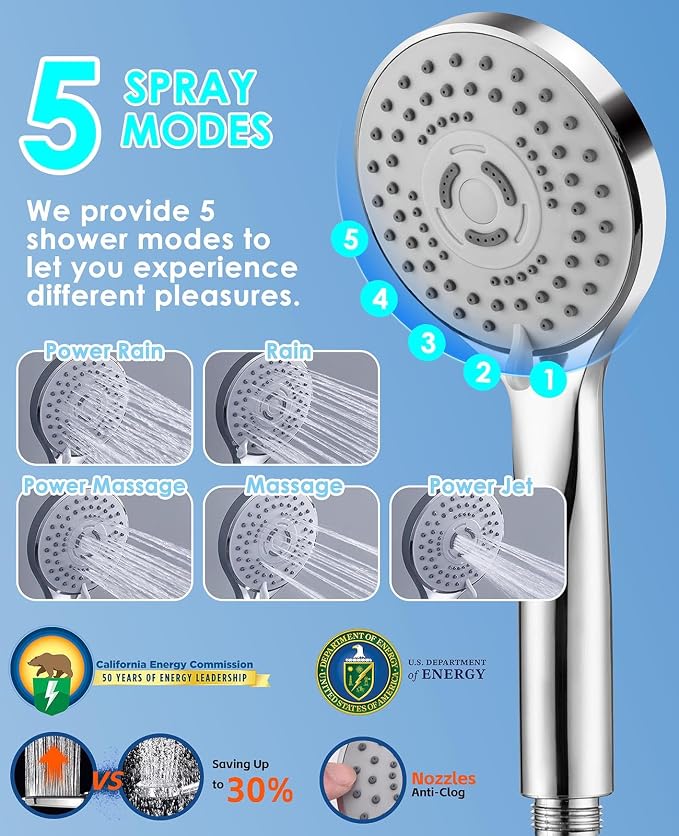Rain Shower Head with Handheld, 10" Dual Shower Combo, Chrome | 304 stainless steel rainfall head, adjustable extension arm, 5 spray modes, anti-clog nozzles, easy bathroom upgrade