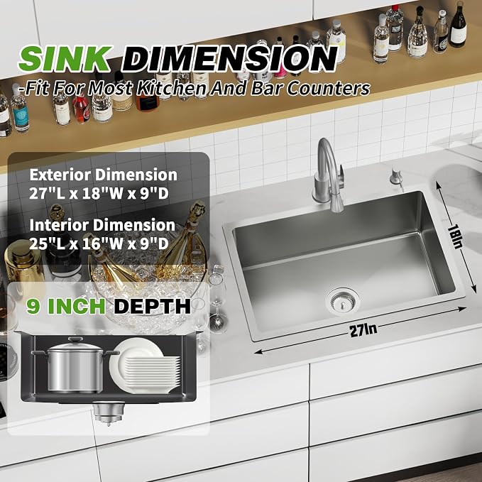 Kitchen And Bar Sink, 27x18 Inch Stainless Steel Undermount Modern Single Bowl Kitchen And Bar Sink Combo-Silicon Mat,Drain Strainer Set Compatibility With Various Kitchen&Bar Style
