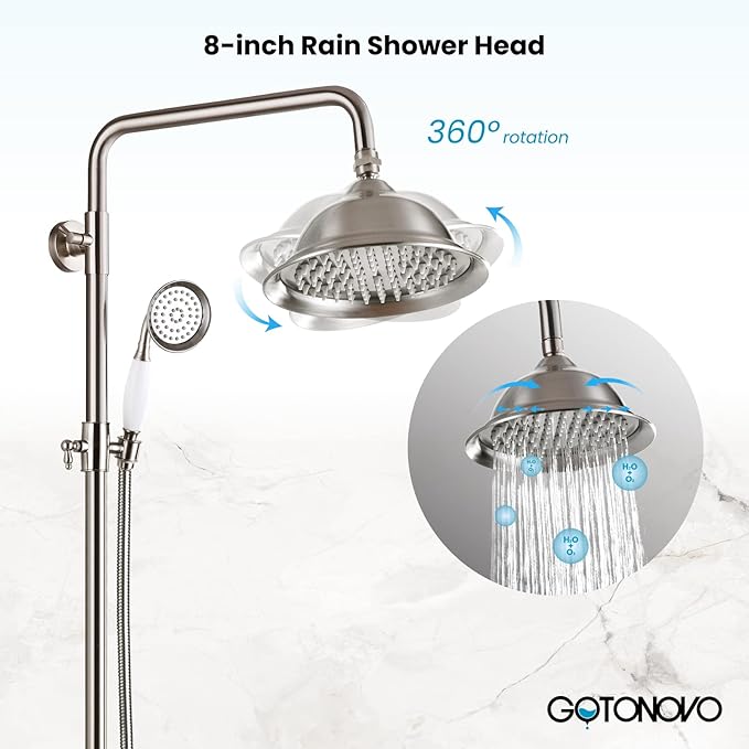gotonovo Bathroom Exposed Shower Faucet Outdoor Shower System 8 Inch Rainfall Shower Head Set with Tub Spout and Handheld Spray Double Cross Handles Wall Mount with Shower Shelf Brushed Nickel