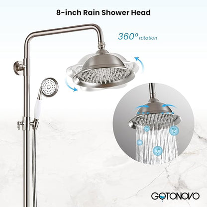 gotonovo Bathroom Exposed Shower Faucet Outdoor Shower System 8 Inch Rainfall Shower Head Set with Tub Spout and Handheld Spray Double Cross Handles Wall Mount with Shower Shelf Brushed Nickel