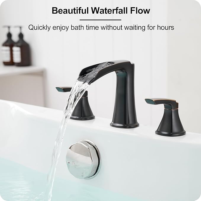 Waterfall Bathtub Faucet Oil Rubbed Bronze, Brass Bath Tub Faucet Set 3 Hole, 8 Inch High Flow Roman Tub Faucet, 2 Handle Deck Mount Bathtub Faucets Widespread with Water Hose for Farmhouse