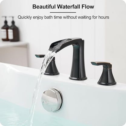 Waterfall Bathtub Faucet Oil Rubbed Bronze, Brass Bath Tub Faucet Set 3 Hole, 8 Inch High Flow Roman Tub Faucet, 2 Handle Deck Mount Bathtub Faucets Widespread with Water Hose for Farmhouse