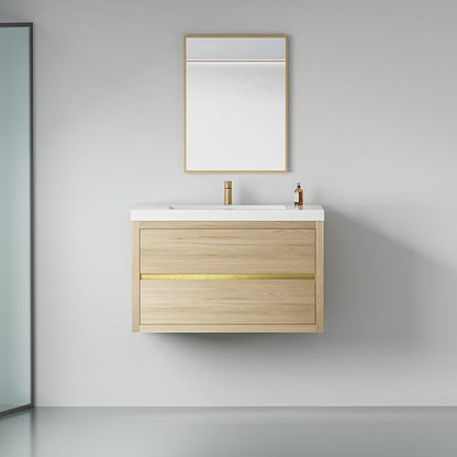 36" Floating Bathroom Vanity with Sink, Wall-Mounted Bathroom Storage Vanity Cabinet with Resin Top Basin and Soft Close Drawers, Fully Assembled, Natural Oak