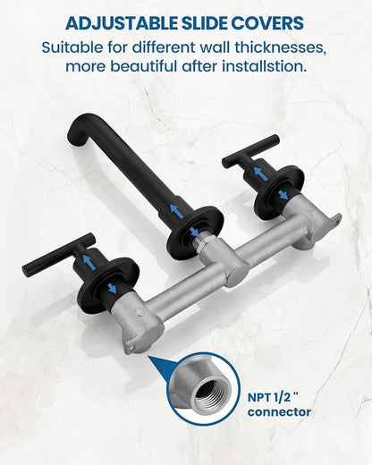 Airuida Wall Mounted Bathroom Sink Faucet,Matte Black Vanity Sink Faucet | Lever Handle,3 Holes,360° Widespread Swivel Spout,Rotatable Bathroom Faucet