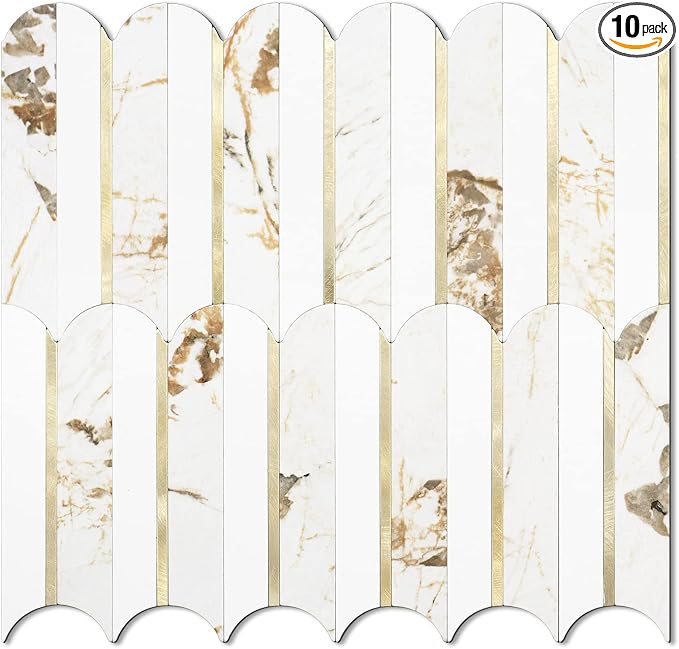 Vamos Tile Peel and Stick Backsplash Seamless Tile,10-Sheet Fish Scale Tile | Stick on Backsplash for Kitchen & Bathroom,White Marble Look PVC+Metal Gold Self Adhesive Mosaic Wall Tiles,11.9''x10.8''
