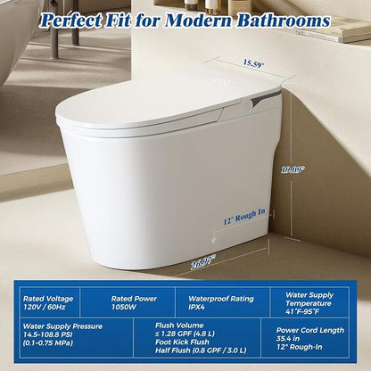 Smart Toilet with Bidet Built-In, Auto Flush, Auto Open/Close Lid, Foot Sensor, Heated Seat, Warm Water Wash, Warm Air Dryer, Deodorizer, Night Light, Remote Control (White)