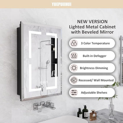 16X24 Inch Bathroom Medicine Cabinet, Adjustable 3-Color Brightness Dimming LED Mirror Recessed, Black