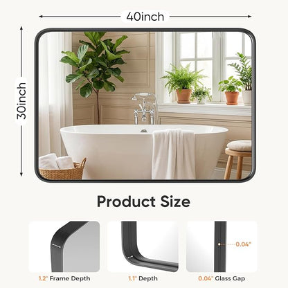 Sweetcrispy Bathroom Wall Mirror, 40x30 Inch Mirror for Over Sink, Black | Modern Wall Mount Vanity Mirror, Rounded Rectangle with Matte Brush Metal Framed, for Home Decor, Living Room, Bedroom