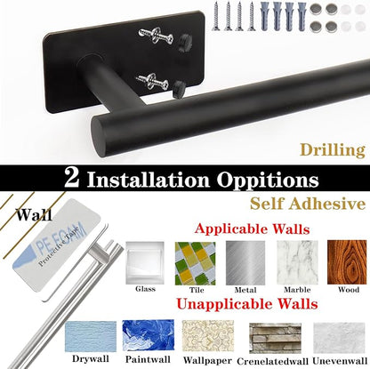 5 PCS Self Adhesive Bathroom Hardware Set, Stainless Steel Towel Rack Set Include Adjustable 24In Bath Towel Bar+Toilet Paper Holder+3 Towel/Robe Hooks Bathroom Accessory(Matte Black)