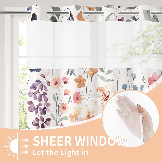 Litabel No Hook Ivory Watercolor Floral Shower Curtain and Liner Set, 36x74 | Spring Flower Shower Curtains with Snap-in Liner for Farmhouse Bathroom Decor, Botanical Bathroom Curtain with Leaves