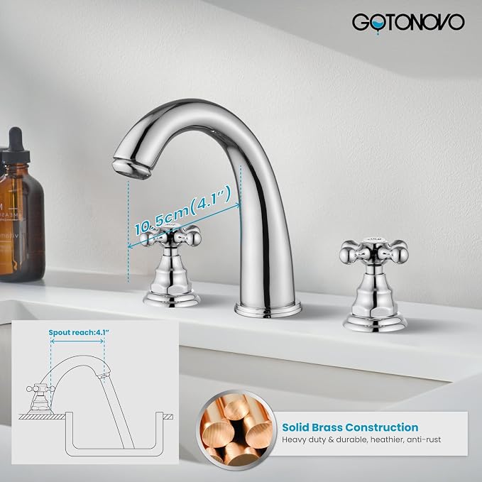 gotonovo Widespread Bathroom Sink Faucet 3 Hole Polished Chrome,H&C Label | Vintage 8’’ Bathroom Faucet,2 Cross Handle,6-16’’ Sink,Vanity,RV,Farmhouse,SUS304,24’’ cUPC Hose,Pop Up Drain,Deck Mount