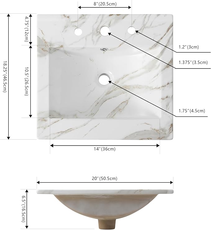 JONATHAN Y SNK1000C Ancillary 3-Hole 20 in. W x 18.25 in. D Classic Contemporary Rectangular Ceramic Single Sink Basin Vanity Top, White Marble Effect