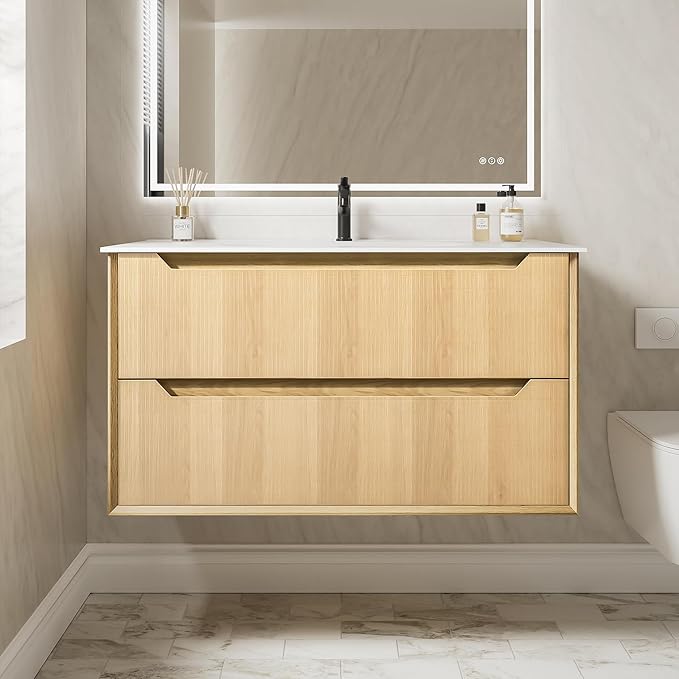 40" Japandi Floating Bathroom Vanity with Sink, Pre-Assembled Natural Oak Multi-Layer Solid Wood Bathroom Sink Vanity, Wall Mounted with Integrated Stone Top and 2 Soft Close Drawers