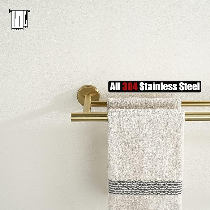 JQK Double Towel Bar Gold, 15 Inch 304 Stainless Steel Thicken 0.8mm Towel Rack Holder for Bathroom Washcloths and Hand Towels, Brushed Gold Wall Mount, Useable Length 12 Inch, TB100L12-BG
