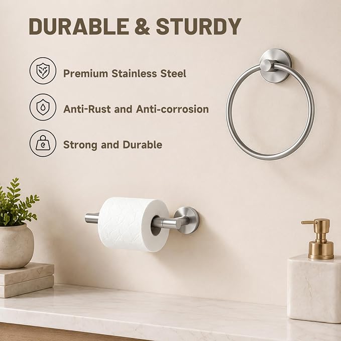 Toilet Paper Holder and Hand Towel Ring Bathroom Set | Brushed Nickel,Stainless Steel,Wall Mount,Bathroom Accessories,Hand Towel Ring and Toilet Paper Holder Set,Easy to install