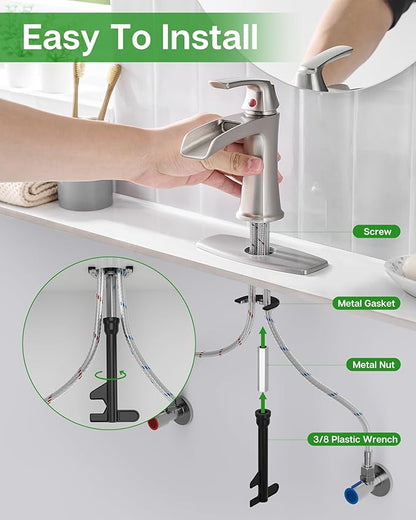 Fapully Bathroom Faucets Brushed Nickel, Modern Waterfall Bathroom Sink Faucet with Single Handle for 1 or 3 Holes, Vanity Faucet with Deck Plate and Drain