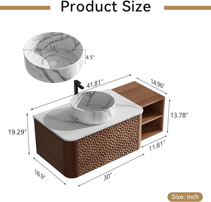 42 Inch Modern Bathroom Vanity with Ceramic Sink, Floating Bathroom Sink Cabinet with Sintered Stone Top&Solid Wood Hammered Frame, Single Bathroom Vanities w/Soft-Close Drawer&Side Open Cube