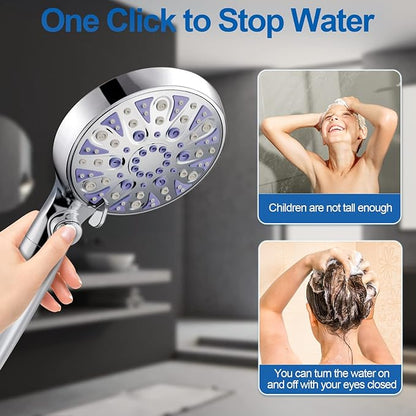 High Pressure 9-mode Filtered Handheld Shower Head with ON/OFF Pause Switch | Detachable Showerhead, 15 Stage Water Softener Filters for Hard Water Remove Chlorine, Meet cUPC and CEC Certification