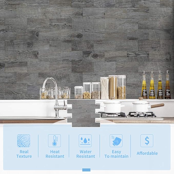 Art3d Peel and Stick Backsplashes Wall Tile Gray Wood Grain, 5-Pack of 13.5x11.4inches, for Kitchen Backsplash, Bathroom Decoration, Fireplace and Stair Riser Decal, Made of PVC Composite Laminate