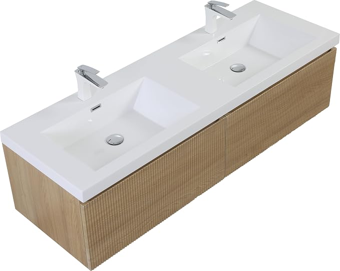 60 Inch Floating Bathroom Vanity with Double Sink, Modern Oak Wall Mounted Floating Vanity with Glossy Resin Sink and 2 Soft Closing Drawers, Fully Pre Assembled Bathroom Vanity, Natural Oak