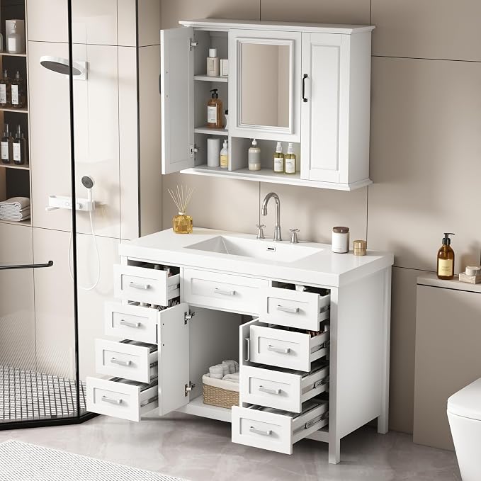 48" Bathroom Vanity with Resin Sink, Cabinet with Soft-Closing Drawers and Doors, Simple & Modern Style, Solid Wood Frame, White