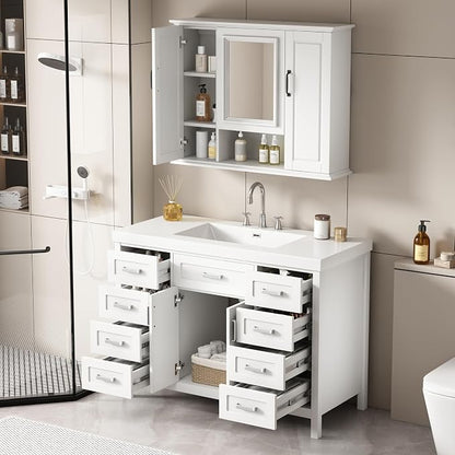 48" Bathroom Vanity with Resin Sink, Cabinet with Soft-Closing Drawers and Doors, Simple & Modern Style, Solid Wood Frame, White