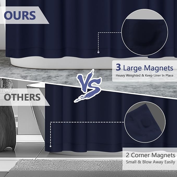 Seenus Navy Blue Fabric Shower Curtain Liner with 3 Large Magnets, 72 x 84 inch Extra Long Waterproof Cloth Shower Liner, Bathroom Dark Blue Tall Shower Curtain Machine Washable