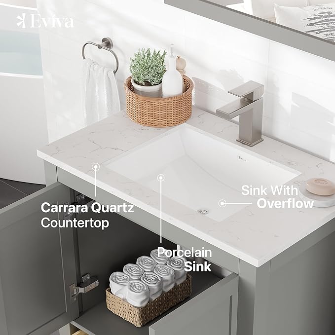 Eviva London 30 Inch Gray Bathroom Vanity - Stylish Single Sink Vanity with Undermount Porcelain Sink & Cabinet for Optimal Storage