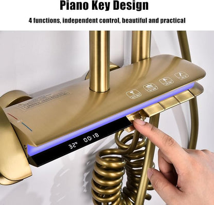 BEITH Thermostatic Shower System, 4 Piano Keys UFO Shower Faucet Set, 31x20cm Square Shower Set, Digital Display, 360° LED Ambient Light, Hydroelectric Power, with Bathtub Faucet (Brushed Gold)