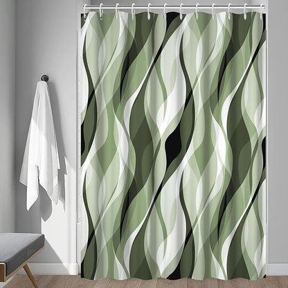 Sage Green Shower Curtain, Abstract Ombre Green and Grey Striped Shower Curtain Set for Bathroom Waterproof Polyester Shower Curtain with Hooks, 72x96 Inch