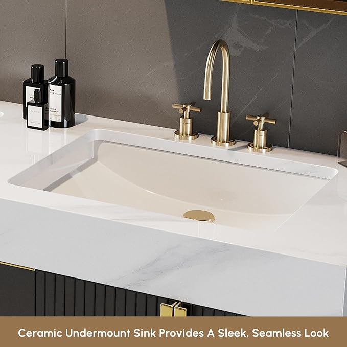 Bathroom Vanity with Sink, Modern Bathroom Vanity with Faux Marble Top, Gold Hardware & Soft-Close Drawers for Bathroom Storage (59.1 Inch, Black, Double Sink & Floating)
