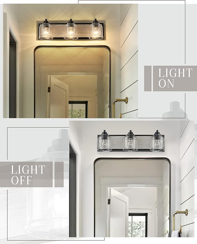 Vanity Lights for Bathroom Large 23", Farmhouse Rustic Vanity Light with Bubble Glass Shades, Gray 3 Light Bathroom Lighting Fixtures Over Mirror, Bath Wall Sconce Home Decor