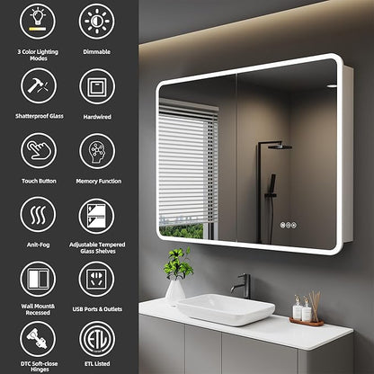 Medicine Cabinet with LED Lights and Mirror, 36 x 32 Inch Surface or Recessed Mounted Bathroom Cabinets with Door, Defogger, Memory Function, 3-Color Mode, Outlet&USB, Dimmer, Storage