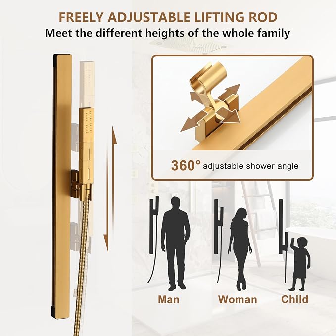 CASAINC 27x16 Inch Thermostatic Shower System Luxurious 6 Functions Full Body Shower System with Sliding Rod 2 in 1 Handheld, LED & Music (Brushed Gold)