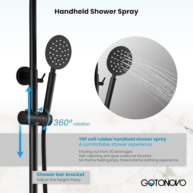 gotonovo Outdoor Shower Kit SUS304 Stainless Steel Matte Black | Outside Shower Fixtures,8’’ Rain Head with Handheld Sprayer,Swivel Tub Spout,Indoor/Outdoor,Poolside,Backyard,Garden,Beach