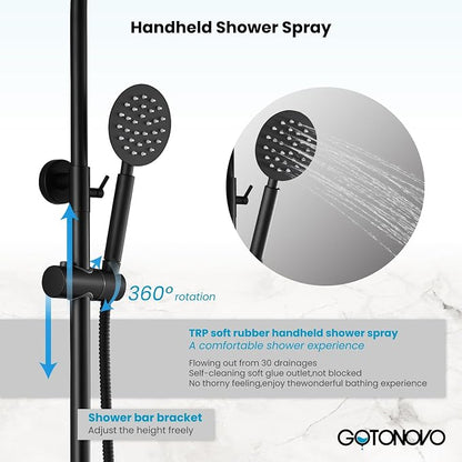 gotonovo Outdoor Shower Kit SUS304 Stainless Steel Matte Black | Outside Shower Fixtures,8’’ Rain Head with Handheld Sprayer,Swivel Tub Spout,Indoor/Outdoor,Poolside,Backyard,Garden,Beach