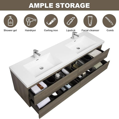 Wall Mounted 72 Inch Bathroom Vanity with Sink, Floating Vanity Bathroom, Double Sink Bathroom Vanity, 4 Drawers, Resin Integrated Sink (Ash Grey)