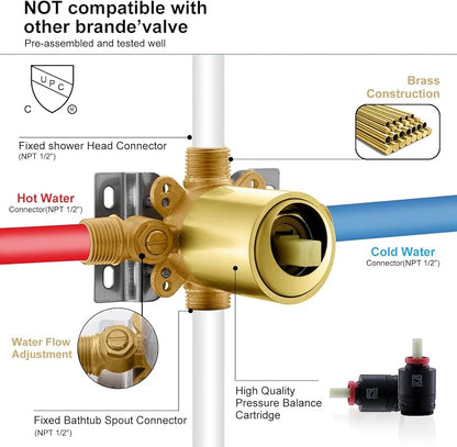 KENES Brushed Gold Shower Set with Tub Faucet, Square Tub Shower Faucet Set | Shower Faucet with 10-Inch Rain Shower Head, Square Shower System, Valve Included, Lead-Free cUPC & NSF Certified, Stainless