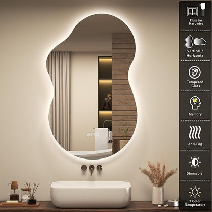 OKPAL Irregular Backlit Bathroom Mirror with Lights 20 x 36, Asymmetrical Cloud Led Lighted Vanity Mirror for Wall, Anit-Fog, Dimmable, Memory Function (Horizontal/Vertical)