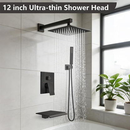 Midanya Shower System with Tub Spout,12 Inch Shower Head,Oil Rubbed Bronze | with Valve & Trim Kit,Square Rain Head,Handheld Sprayer,Waterfall Spout,All Metal Wall Mount Bathroom Shower Tub Faucet Set