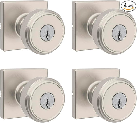 Kwikset Maven Entry Door Knob with Lock and Key, Secure Keyed Handle Exterior, Front Entrance and Bedroom, Satin Nickel, 4 Pack, Pick Resistant SmartKey Rekey Security and Microban