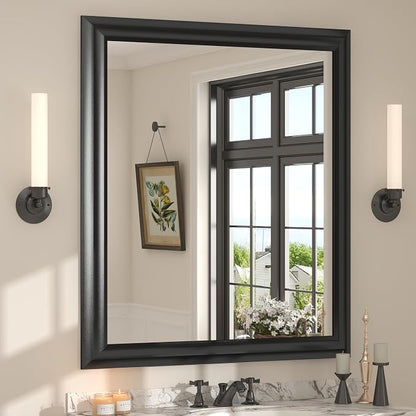 28x32 Inch Black Matte Bathroom Mirror for Wall | Metal Thick Curved Framed, Rectangle Vanity Mirror, Anti-Rust, Shatterproof, Right Angle, Hangs Horizontally or Vertically
