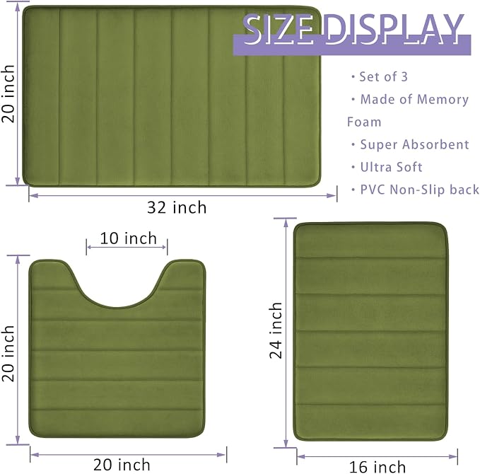 RUN HELIX Sage Green Bathroom Rugs Sets 3 Piece Memory Foam Non Slip Bath Mats for Bathroom Floor and U-Shaped Contour Toilet Rug, Soft Washable Bathrom Sets Mats and Rugs Sets for Toilet Shower Sink