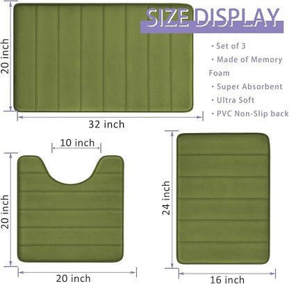 RUN HELIX Sage Green Bathroom Rugs Sets 3 Piece Memory Foam Non Slip Bath Mats for Bathroom Floor and U-Shaped Contour Toilet Rug, Soft Washable Bathrom Sets Mats and Rugs Sets for Toilet Shower Sink