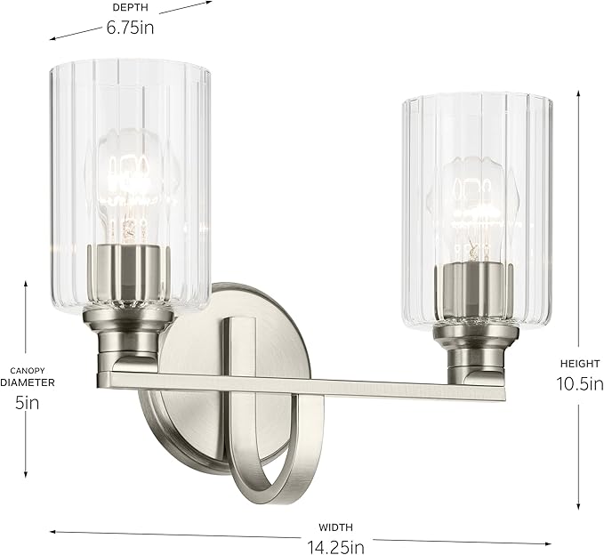 Kichler Gioe 14.25" 2-Light Vanity Light with Clear Fluted Glass in Brushed Nickel, Damp Rated, for Bathroom, Powder Room, Over a Mirror, (14.25" W x 10.5" H), 55225NIFLU