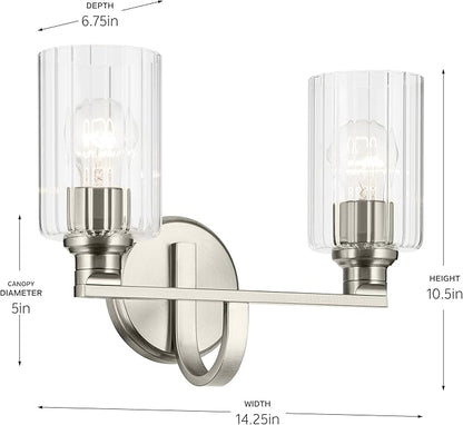 Kichler Gioe 14.25" 2-Light Vanity Light with Clear Fluted Glass in Brushed Nickel, Damp Rated, for Bathroom, Powder Room, Over a Mirror, (14.25" W x 10.5" H), 55225NIFLU