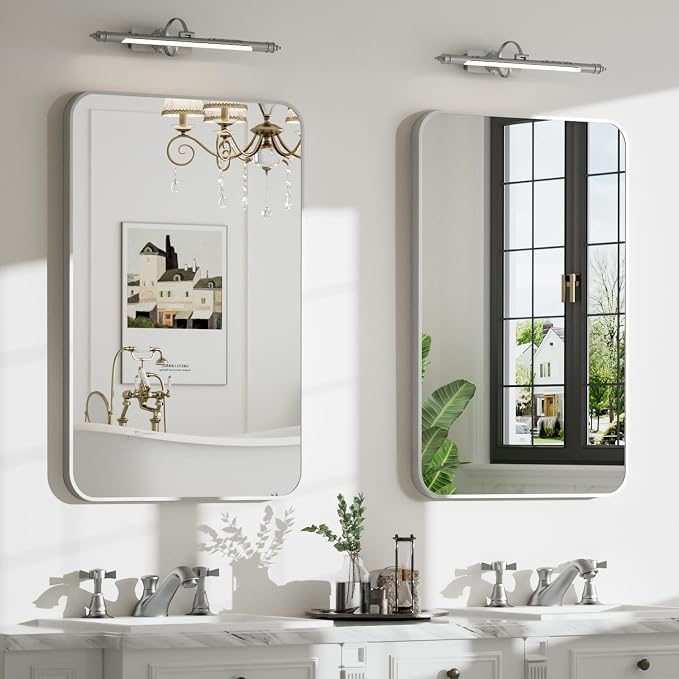 24"x36" Bruhed Nickel Rectangle Vanity Bathroom Mirror, Set of 2 | Aluminum Alloy Frame, Clear Reflection, Rust-Resistant, Vertical or Horizontal, Wall Mount, Bedroom and Entryway